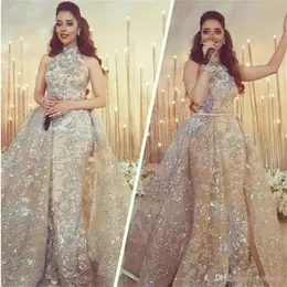 Yousef Aljasmi 2020 High Neck Mermaid Evening Dresses With Overskirts Sparkly Lace Applique Dubai Arabic Prom Dresses Evening Wear234U