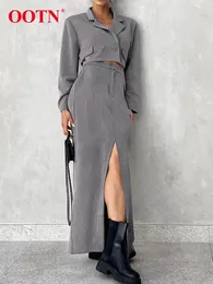 Skirts OOTN Office Straight Split Women Elegant Gray High Waist Long Street Chic Twill Ankle-Length Skirt Female 2024