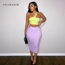 Work Dresses ANJAMANOR Sexy 2 Piece Set One Shoulder Crop Top And Long Purple Skirt Women 2024 Summer Dress Sets Club Outfits D16-BF19