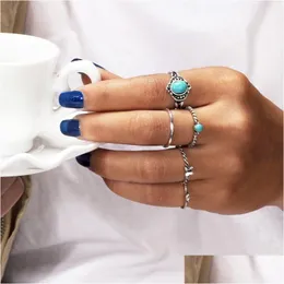 Anéis de cluster Anillos Moda Jóias para Mulheres Aneis Pedra Azul Tibetano Sier Borboleta Knuckle Set Boho Drop Delivery Dhusm