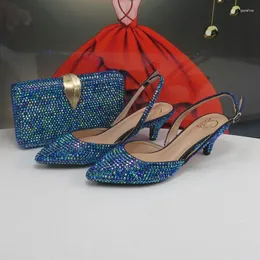 Dress Shoes Blue Crystal Bridal And Bag Set Women Thin Heel Wedding Party Evening High Pumps Pointed Toe Platform Female