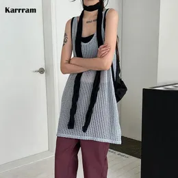 Abiti casual Karrram Moda coreana Abito scavato High Street Knit Kpop Stile pigro See Through Femme Solid Sexy Vestido Chic