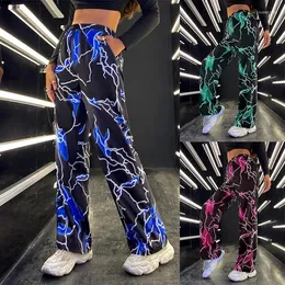 Women's Pants 2024 Summer Net Red Sportswear Printed Lightning Casual Dance Straight Tube Wide Leg Women