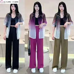 Women's Two Piece Pants Fashion Suit 2024 Spring And Summer Loose Gradual Change Long-sleeved Sunscreen Shirt Casual Two-piece Set