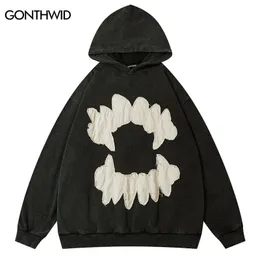 Vintage Mens hoodie Sweatshirt Y2K Grunge Hip Hop Ripped Brodery Teeth Patch Hooded Streetwear Harajuku Punk Gothic Pullover 240202