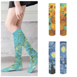 Women Socks Van Gogh Mural World Famous Painting Sunflower Stockings Novelty Casual Long Classic Retro Personality Thin