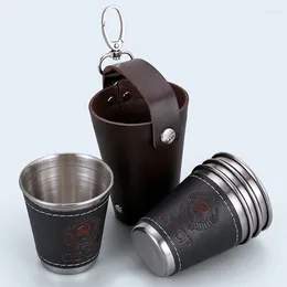 Canecas 70ml S Vidro Conjunto 304 Aço Inoxidável Hip Flask Copo Ao Ar Livre Rússia Vodka Whisky Álcool FlaskCom Couro PU