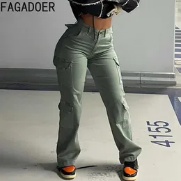Women's Jeans FAGADOER Casual Solid Color Pocket Skinny Cargo Pants Women High Waisted Button Trousers Fashion Female Slim Matching Bottoms J240202