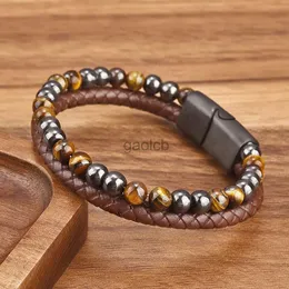 Beaded Fashion Beaded Leather Bracelet For Men Jewelry Gifts Multi-Layer Manual Knitting Charming Stainless Steel Hip-Hop Punk Holiday zln240202