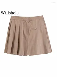 Saias Willshela Mulheres Moda Listrado Front Zipper A-Line Mini Saia Vintage Plissado Cintura Alta Feminino Chic Lady