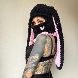 女性の素敵な長いウサギ耳ビーニーハットゴシックパンク女性冬濃い暖かい風の編み帽子シックストリートウェア240127