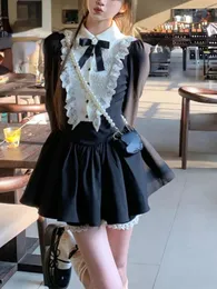 Casual Dresses Sweet Kawaii Lace Mini Dress Woman Lolita Vintage Black Fashion Party One Piece Korean Style 2024 Autumn Slim