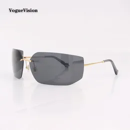 Armação de metal dourada sem aro grande retângulo óculos de sol feminino moda óculos de sol para senhoras ao ar livre óculos de proteção UV 240201