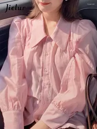 Blusas femininas Jielur Vintage Rosa Reta Mulheres Camisas Único Breasted Cor Sólida Moda Escritório Senhoras Botões Chic Simples Camisa Doce