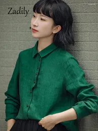 Camicette da donna Zadily 2024 Estate Stile Coreano Manica lunga Lino Camicia verde Casual Sottile Bottone Camicetta da donna Abbigliamento quotidiano Top