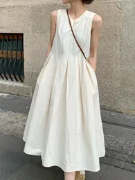 2023 Bahar Katı Zarif Sundresses Fransız Y2K Elbise Kore Moda Oneck midi Elbise Ofis Kadın Cepli Elbise 240124