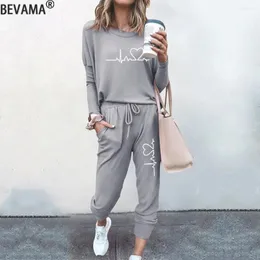 Kvinnors tvåbitar byxor Casual Tracksuits Women Heartbeat Print Sportkläder Löst långärmad toppuppsättning bomullshemkläder Sleep Wear