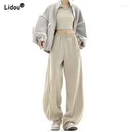 Calças femininas cintura elástica perna larga bolsos sólidos emendados rua casual moda hip hop toda a temporada solta roupas neutras