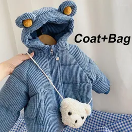 Jackets Cute Bear Plush Baby Boys Jacket Autumn Winter Thicken Warm Corduroy Coat For Girls Hooded Ouertwear With Bags Children Clothing