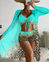 Mulheres de banho moda 2024 verão casual sexy magro 3 pçs contraste leopardo impressão cordão bikini conjunto com cobrir férias