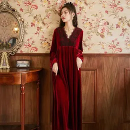 Mulheres sleepwear mulheres inverno quente vintage camisola longo tornozelo comprimento veludo noite vestido princesa renda v-pescoço engrossar 2024