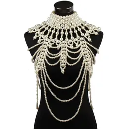 Pearl Necklace Body Chain for Women Stora stora pärlor Uttalande Chunky Crop Top Bra Mesh Choker axel sjal smycken kostym 240221