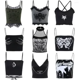 Canotte da donna Sexy Y2k Goth Punk Teschio Spalline aderenti Aderente Senza schienale Senza maniche Anni 2000 E-girls Estetico Nero Crop Top Canotta Canotta