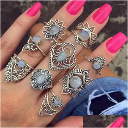 Wedding Rings Engagement Ring Jewelry Retro Carved Crown Starry Gem Exaggerated 9 Piece Set For Drop Delivery Dhdcs