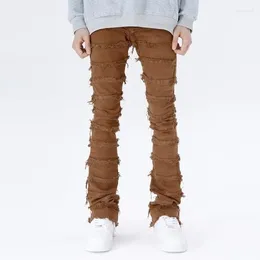 Mäns jeans 2024 American High Street erosion skadad päls vintage ungdom trendiga raka smala smala mikrobyxor streetwear