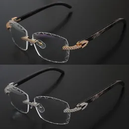 Óculos de luxo Moissanite Diamond Set Rimles Designer Eyewear Mulheres Vintage Mens Original Branco Dentro Preto Buffalo Horn Rimless Optical Diamond Cut Lens