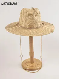Breda randen hattar lyx desiger kedja halm fedora för kvinnor sommar strand hatt mode panama sol uv skyddande semester