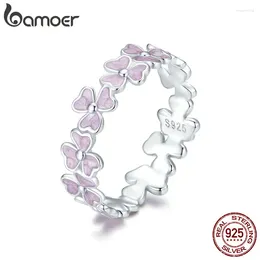 Pierścienie klastra Bamoer 925 Sterling Srebrna Lucky Purple Flower Clover Piękny pierścień dla kobiet