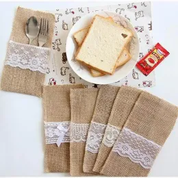 Burlap Cutlery Holder 빈티지 초라한 세련된 황마 레이스 레이스 식탁 파우치 포장 포크 포켓 홈 섬유 0202