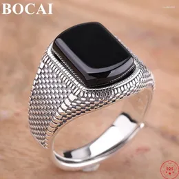 Pierścienie klastra BOCAI Real S925 Srebrny pierścień 2024 Czarny agat retro wzór Pure Argentum Charm biżuteria dla mężczyzn i kobiet