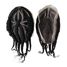 Mongoliska Remy Human Hair Systems 1B# Natural Black No.8 Flower Afro Cornrow flätor 8x10 Full spets Toupee Male Unit för svarta män