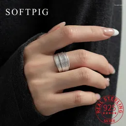 Clusterringe SOFTPIG Echt 925 Sterling Silber Multi Layer Linien 1 cm breite Oberfläche Runder Ring für Frauen Feiner Schmuck Geometrisches Zubehör