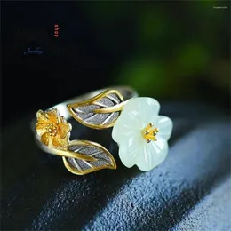 Cluster Rings Natural White Hetian Jade Flower Ring 925 Silver Jewelry Eternity Couple Luxury Promise Adjustable Gift For Girlfriend