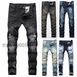 Fashion Hip Hop Patch Men Retro Jeans Knee Rap Hole Zipped Biker Loose Slim Destroyed Torn Ripped Denim Man Pant 4AM5