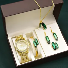 Moda feminina relógios conjunto de luxo brincos diamante colar pulseira anel conjuntos jóias senhoras vestido relógio quartzo para mulher 240131