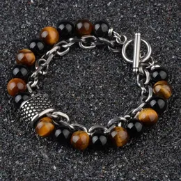 Beaded New Tiger Eye Stone Beaded Mens Bracelet For Men Stainless Steel Gunmetal Link Chain Yoga Viking Bracelet Male Jewelry Hot Sale zln240202