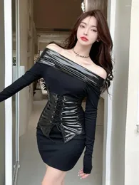Lässige Kleider WOMENGAGA Sexy Spicy Girl Coole Mode Splicing Slash Neck Off Shoulder Langarm Kurzes Kleid Elegantes süßes koreanisches Top