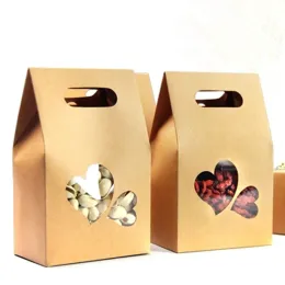 wholesale Kraft Paper Tote Bag Gift Packing Box With Handle Clear Heart Window Wedding Favor Candy Snack Food Storage ZZ