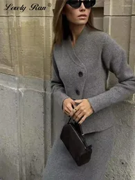 Abiti da lavoro in maglia elegante maglione set di gonne da donna grigio spaccato manica lunga con bottoni top a vita alta abito femminile 2024 moda invernale slim lady