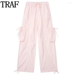 Calças femininas traf 2024 rosa carga mulheres meados de cintura pára-quedas streetwear baggy mulher moda casual calças de verão