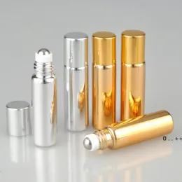 wholesale 500PCS 10ml UV Roll On Bottle Gold and Silver Essential Oil Steel Metal Roller ball fragrance Perfume 0202