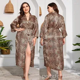 Women's Sleepwear Summer Kimono Bathrobe Gown Sexy Leopard Nightgown Loose Home Dressing Long Sleeve Robe Big Size 4Xl 5Xl