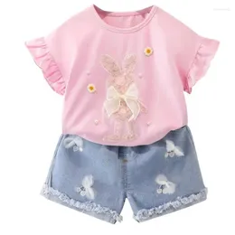 Clothing Sets Girls Summer Clothes Shirts Denim Shorts 2 Pieces Cotton Cartoon Fashion Suit For Children Kids Baby Toddler Wear 0-4Y