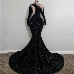 Sparkly Black Sequins Mermaid Prom Dresses Vintage Long Sleeve See Through Crystal Beaded High Neck Evening Gowns vestidos de
