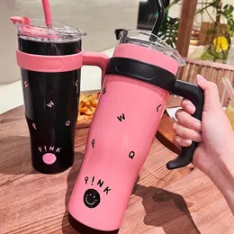 Bottiglie d'acqua Bottiglia termica nera rosa 1200ml Kpop Acciaio inossidabile con manico Tazza di paglia Tazza da caffè portatile per auto Bicchieri Ragazza