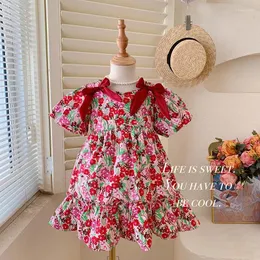 Girl Dresses Summer Dress With Bow 2024 Children's Clothes Korean Version Bubble Sleeve Cotton Skirt Baby Party